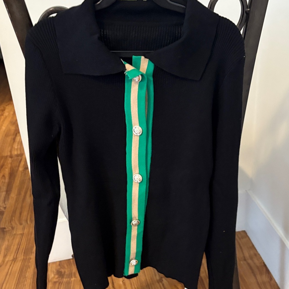 Black Cardigan with Green and Tan Stripe